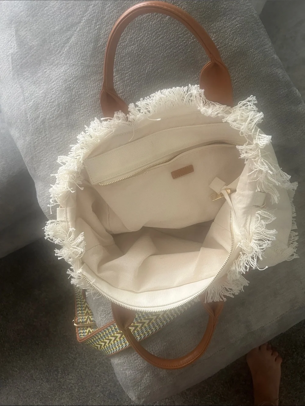 Cream Canvas Tote with Tan Handles and Removable Patterned Strap